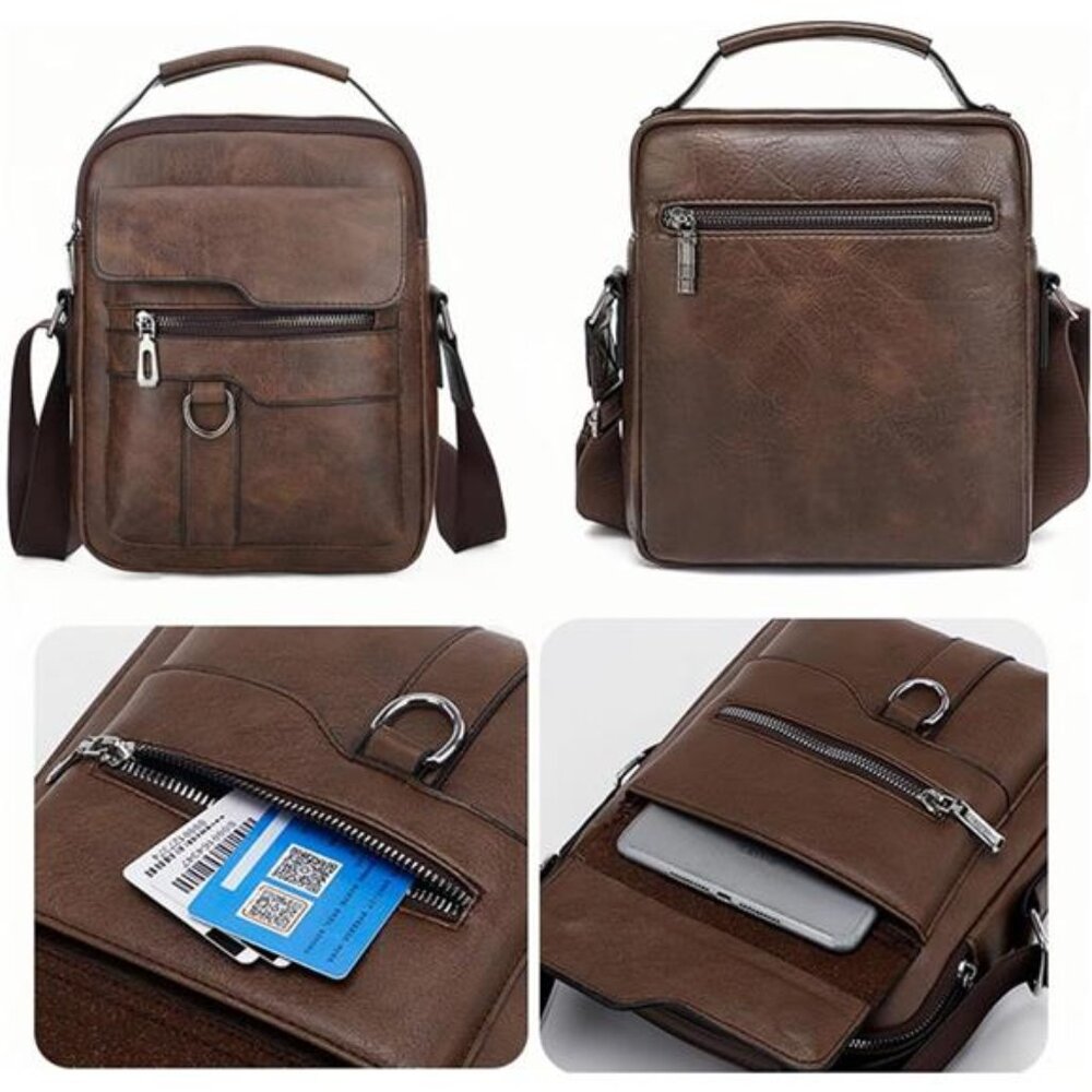 NEW Vintage Leather Mens Brown Crossbody Bag - Picture 5 of 7